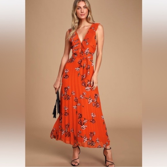 Lulu's Orange  floral print pleated chiffon Sundress Maxi with V-Neck XS - Picture 1 of 13